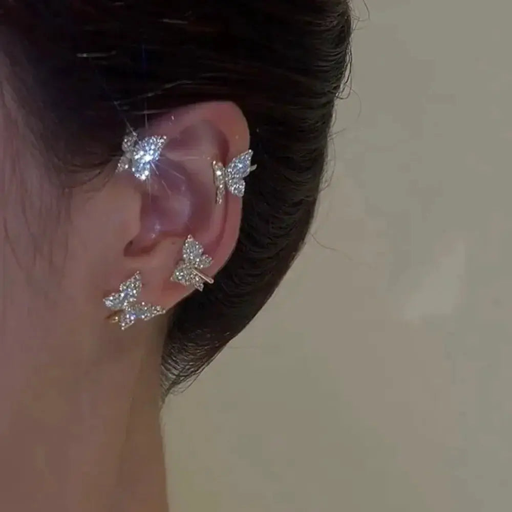 Silver-plated leaf butterfly clip-on earrings and ear cuffs with zircon stones, Simples Market