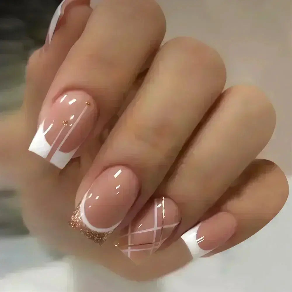 GlamNail Pro 24Pcs Short Square Coffin Press On Nails Set With Glue French Glitter Ballet Style
