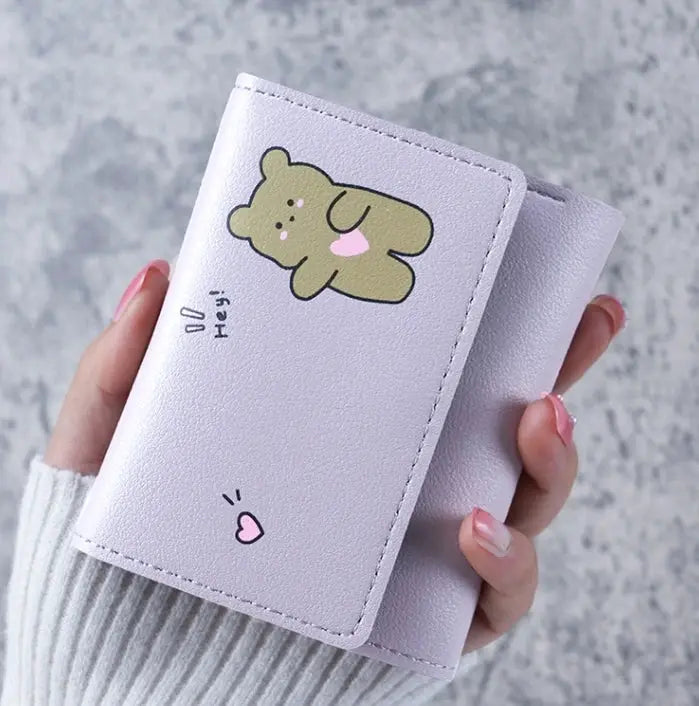 Wallet pink lavender with bear cartoon illustration; card holder and coin purse, Simples Market