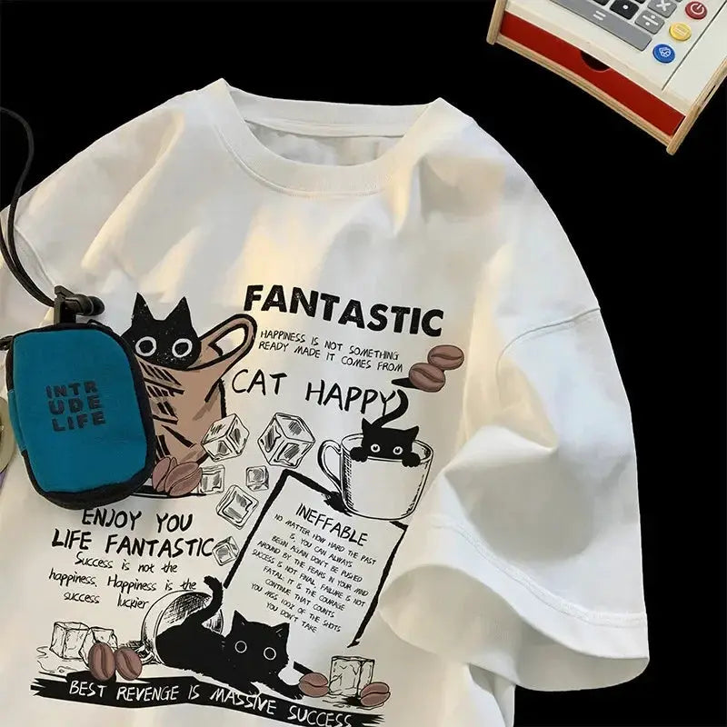 UrbanChic Oversize Cat Group Print Tee Korean Version Breathable Polyester Pullover For Men Women Short Sleeve Casual