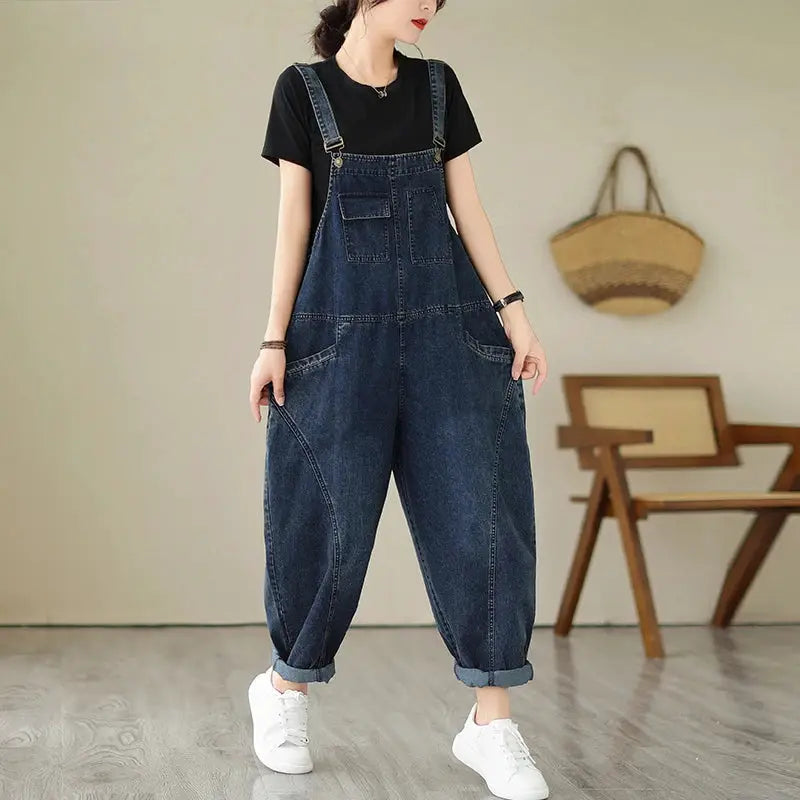 Women's blue denim cargo overalls with suspenders and pockets, casual jumpsuit by Simples Market