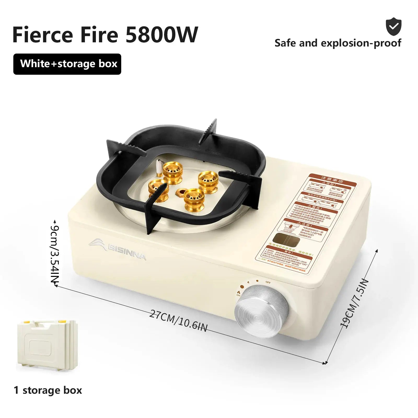 BISINNA camping gas stove 5800W portable cassette burner, white body with black wind guard