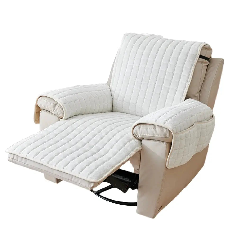 Recliner sofa protector cover with armrest pockets, white quilted fabric, Simples Market