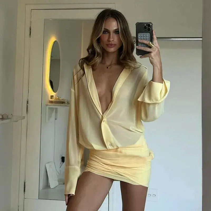 See Through Mini Dress With Flare Sleeves Ruched Bandage Club Party