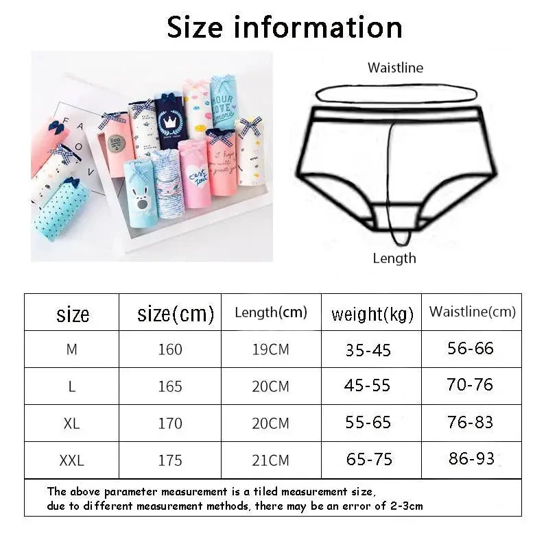 Women's cotton seamless underwear with colorful prints; size chart and waistline/length diagram.