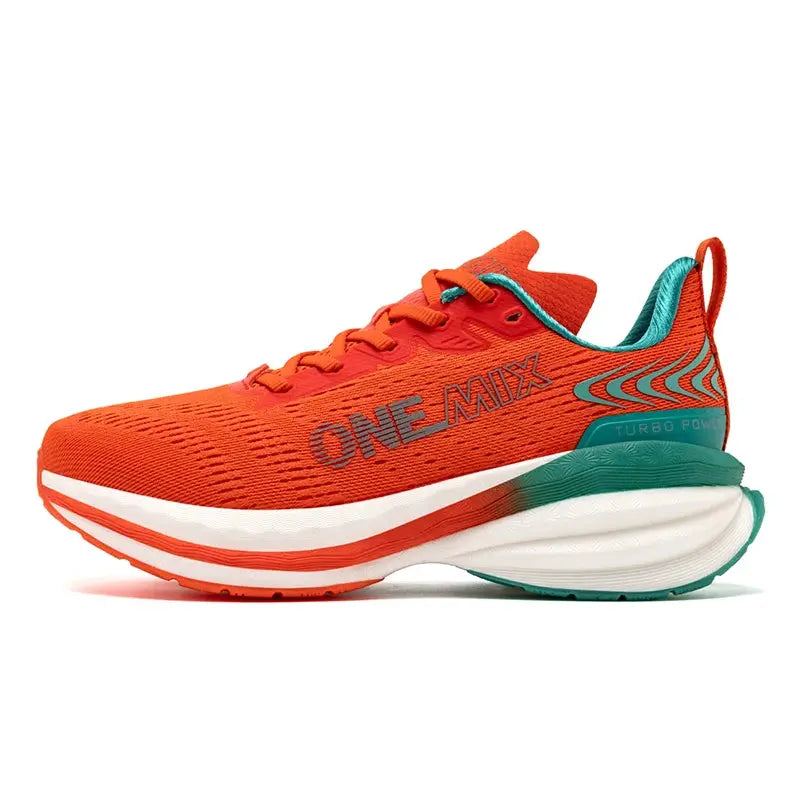 ONEMIX Men's running shoes with breathable orange mesh and teal accents, featuring an air-cushion sole