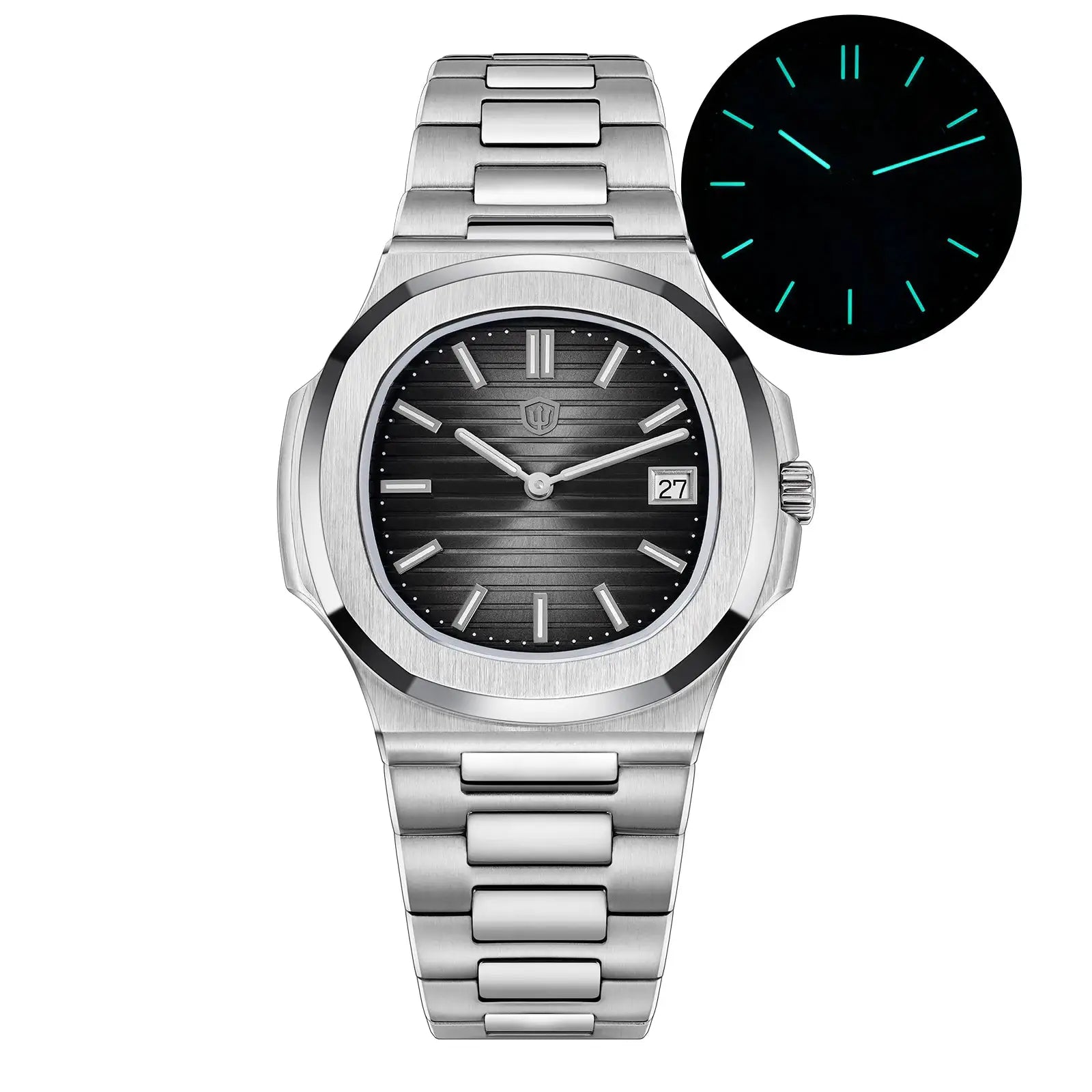Watchdives WD0013 stainless steel men's wristwatch with black striped dial, date window at 3, and linked bracelet