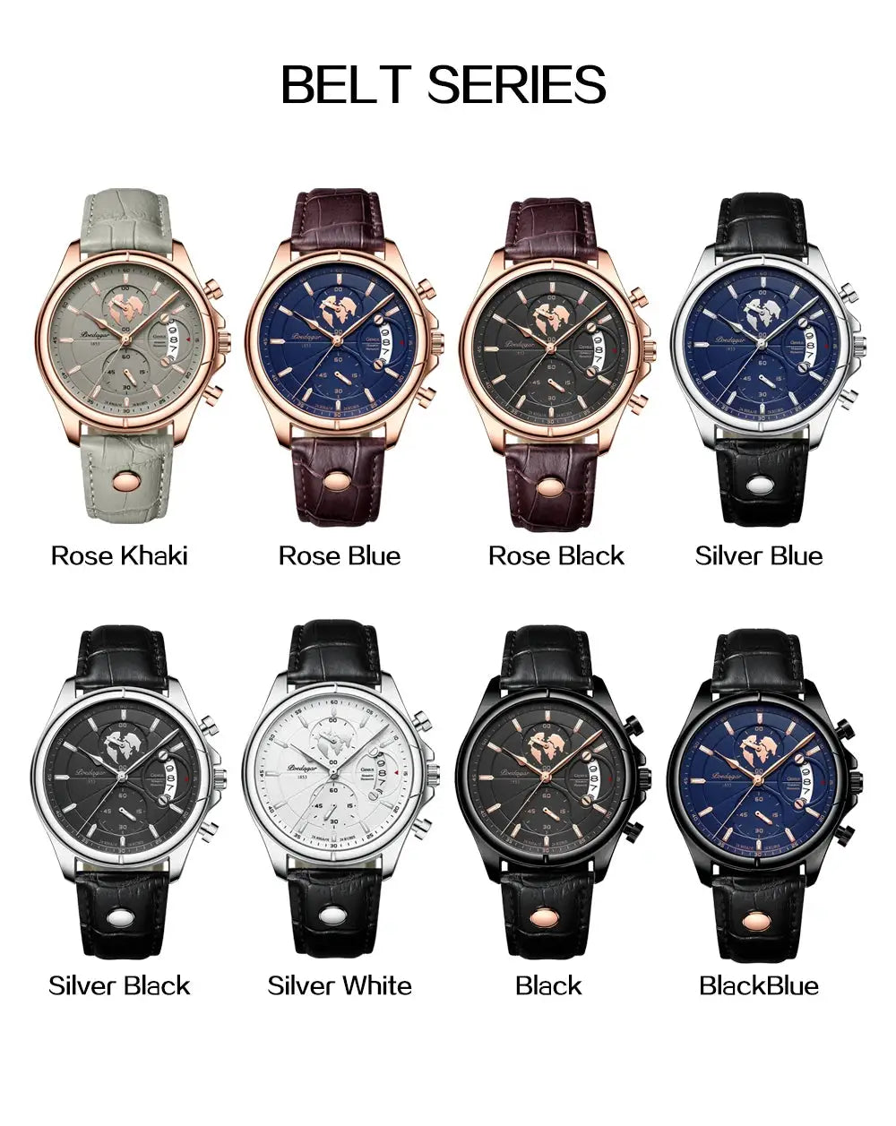 POEDAGAR luxury men's chronograph wristwatch collection with leather straps in eight color variants