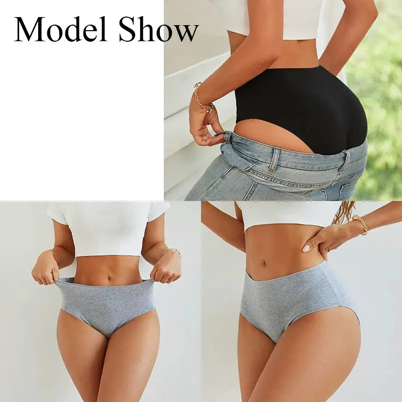 4Pcs set of high-waist cotton panties for women, seamless breathable underwear in grey and black, plus size