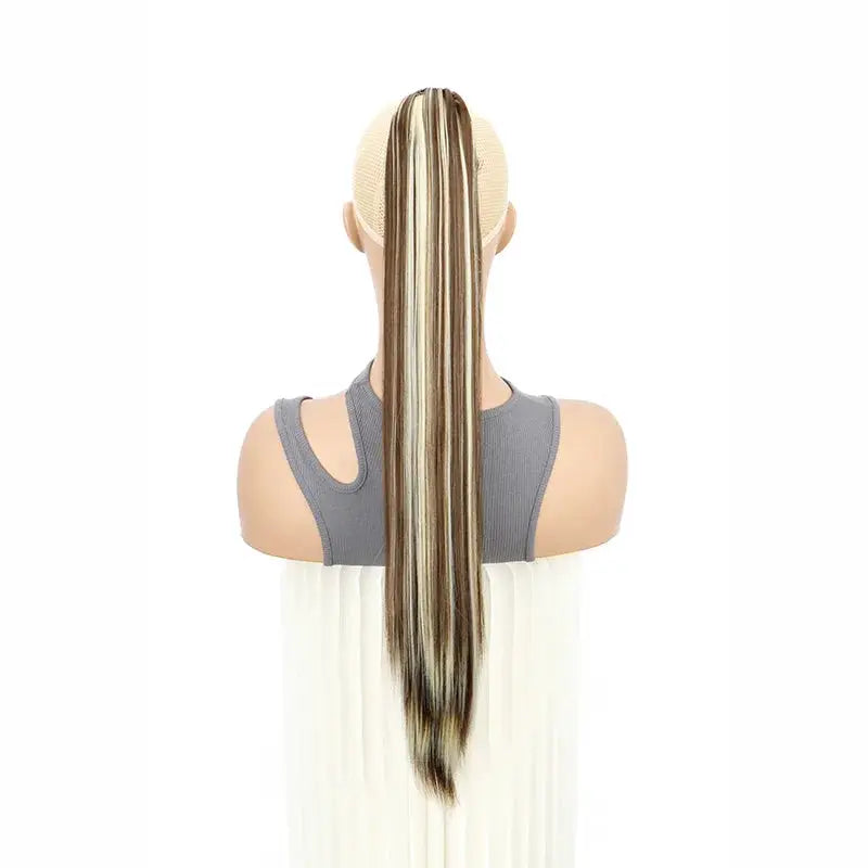 24-inch synthetic long straight claw clip-on ponytail extension in blonde-black mix for women