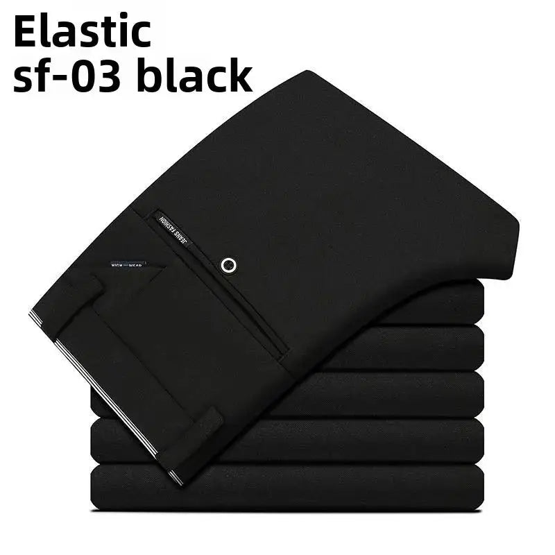 Stack of men's elastic waist dress pants, black, wrinkle-resistant, slim-fit business chinos, Simples Market