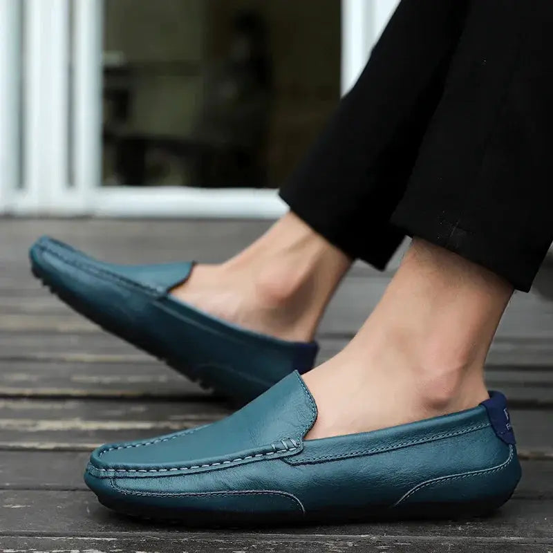 Men's teal leather loafers slip-on casual driving moccasins by Simples Market