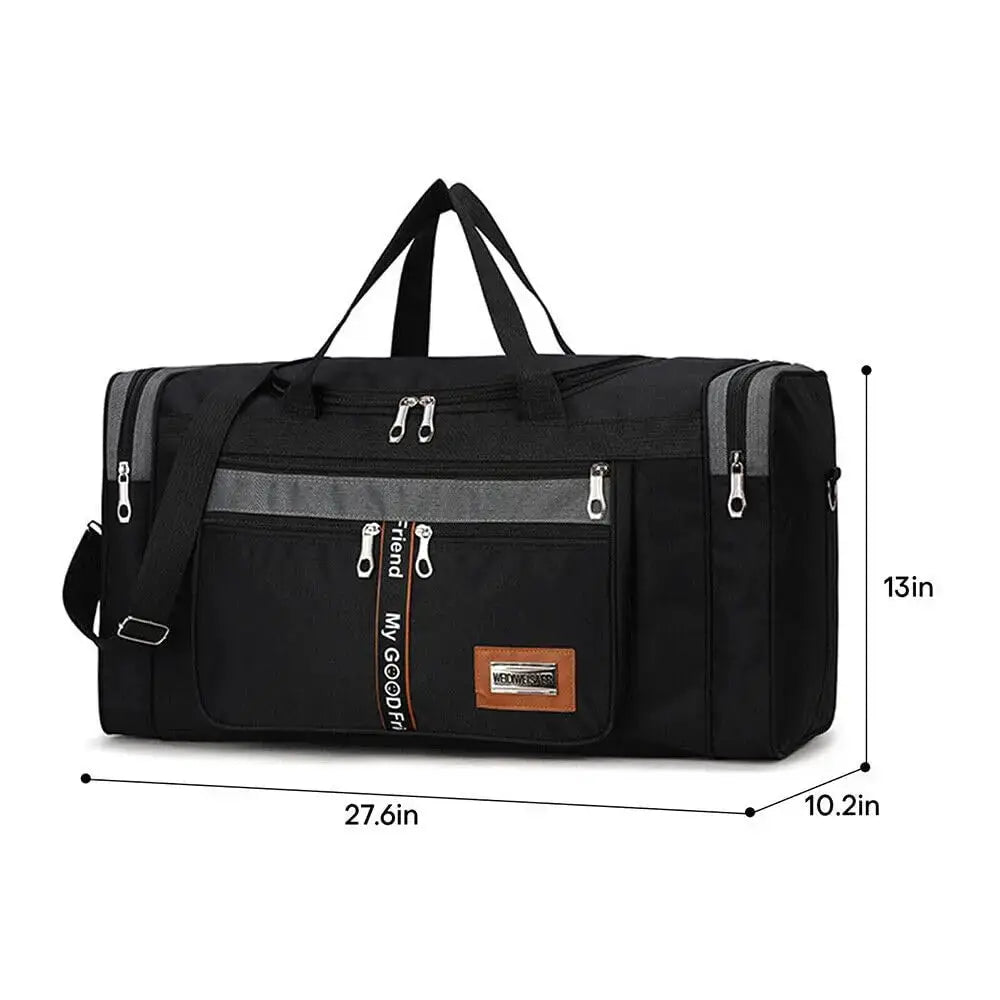 Simples Market gym duffle bag, 60L black waterproof travel duffel with multiple zip pockets