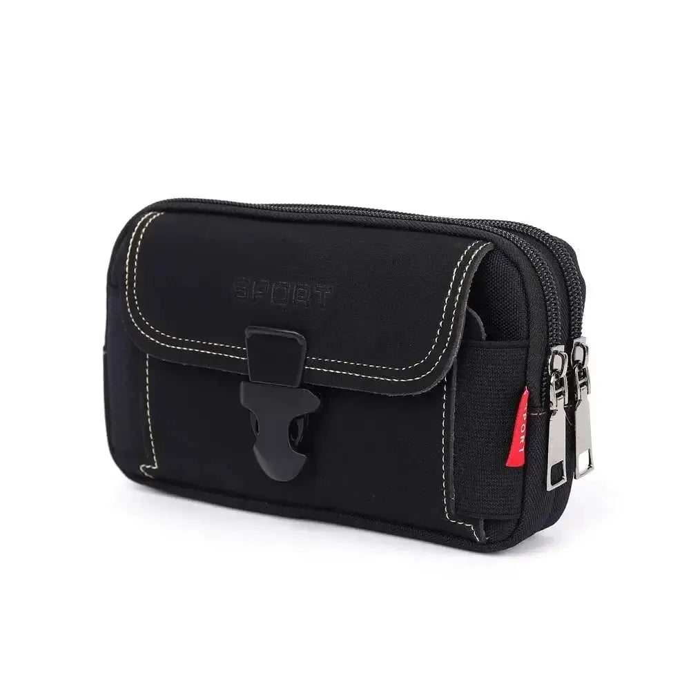 Black unisex belt pouch for phones with front flap buckle, white topstitching, and dual zipper side pocket