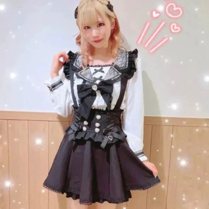Japanese Gothic Lolita plaid suspender mini skirt black with lace and bow accents