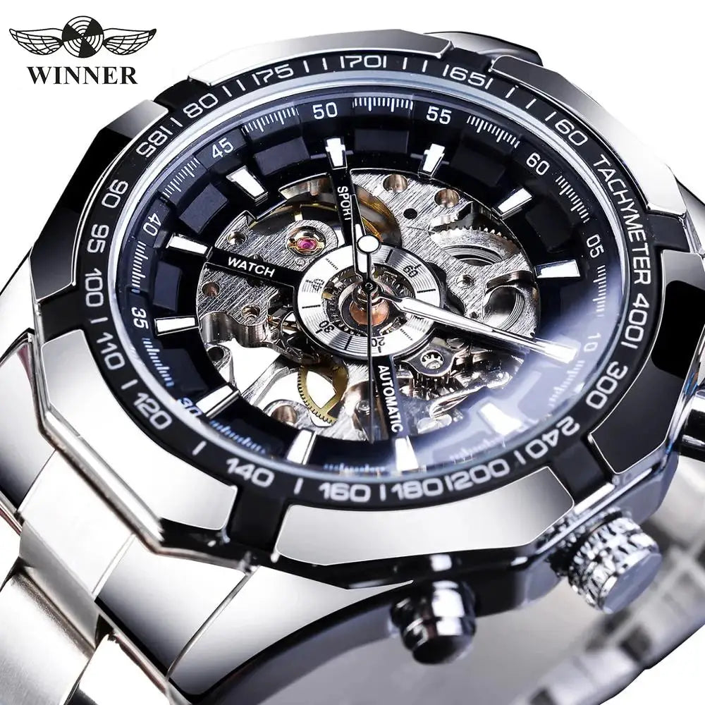 Winner Classic Skeleton Watch for Men with stainless steel strap, luminous hands and visible mechanical movement