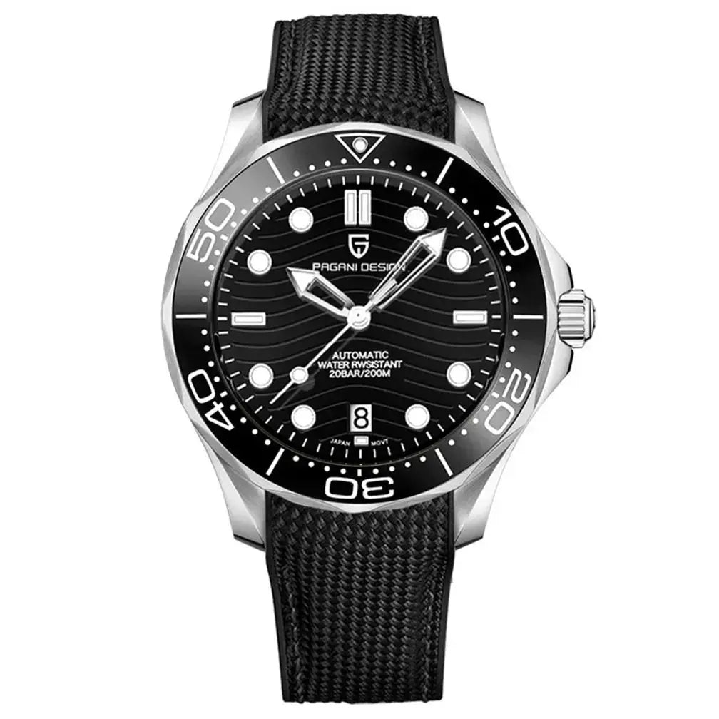 PAGANI DESIGN men's automatic watch with black dial, silver case, and black fabric strap