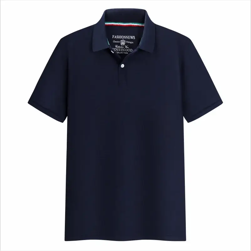 Navy solid-color polo shirt, short sleeves, unisex casual top for summer.