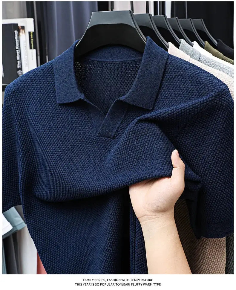 Simples Market navy knitted polo shirt, 100% cotton short-sleeve with polo collar