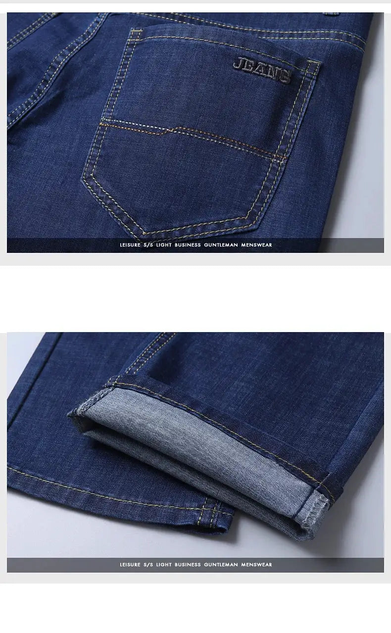 Men's blue denim jeans with back pocket and rolled cuffs, JEANS label and yellow stitching