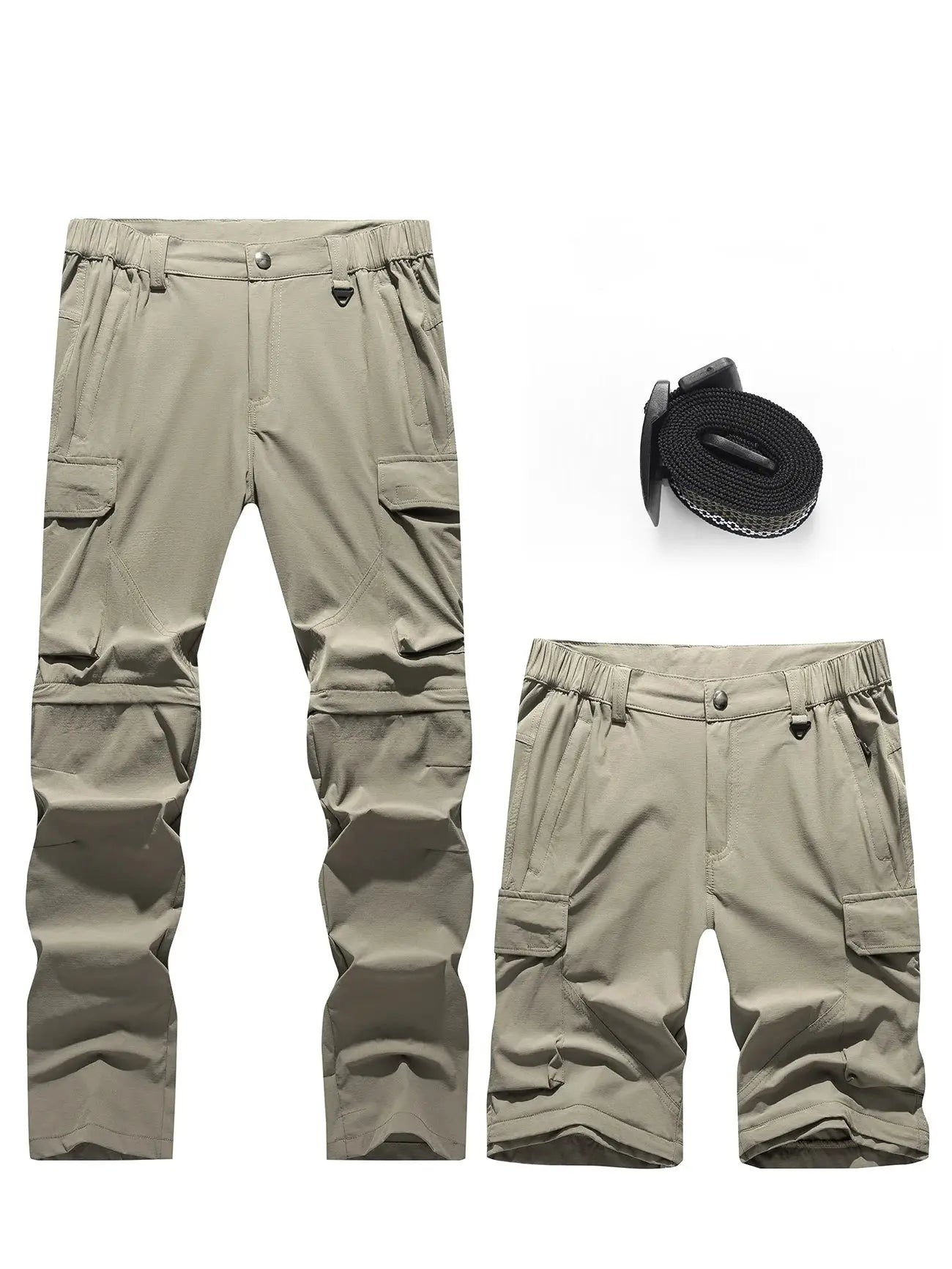 Men's cargo hiking pants, khaki, with multiple pockets and included belt.