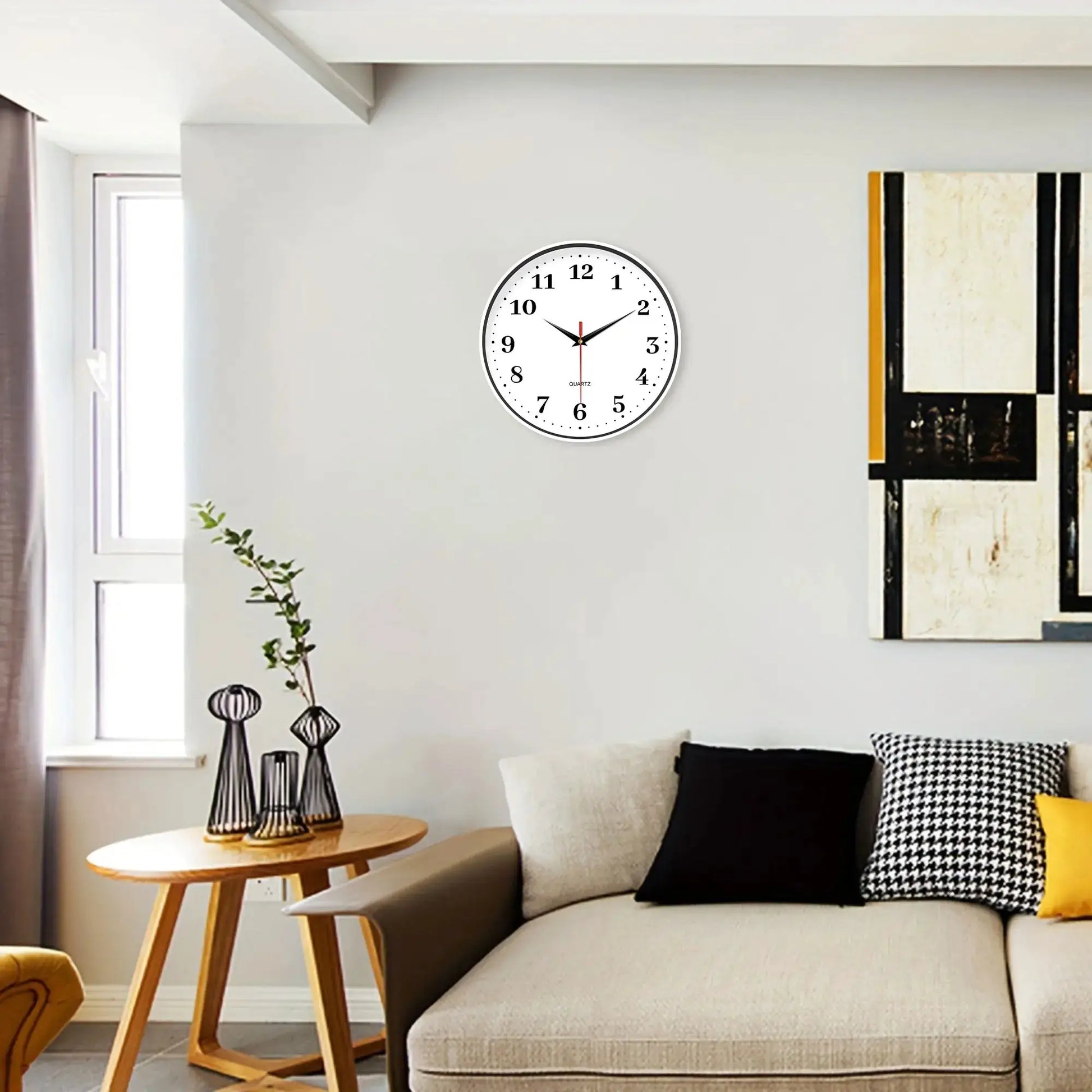 8-inch white silent wall clock with a modern minimalist design, battery-powered quartz