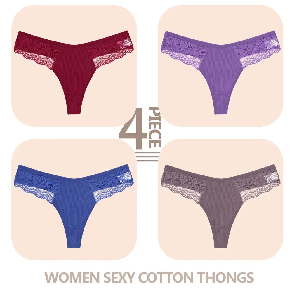 Simples Market 4-piece women’s cotton lace thongs with V-waist in red, purple, blue, gray