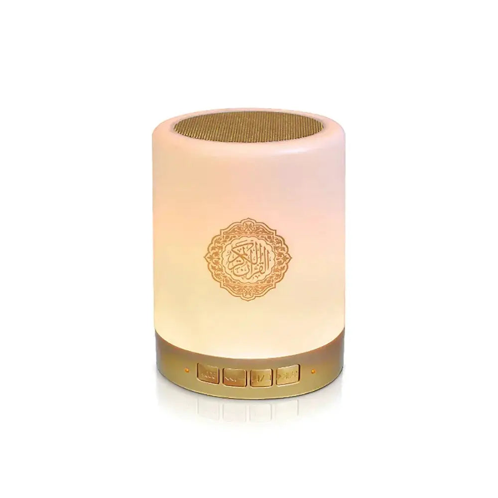 Portable LED night light and Bluetooth speaker by Simples Market; warm glow, gold base, Islamic motif