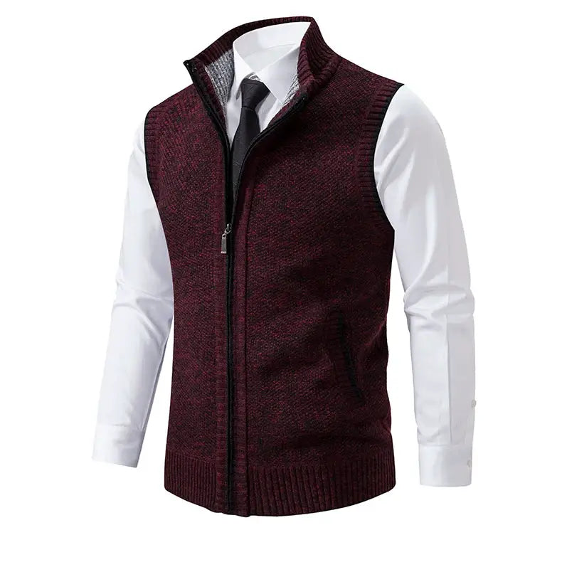 Men's solid burgundy knit sleeveless vest with stand collar and full zipper.