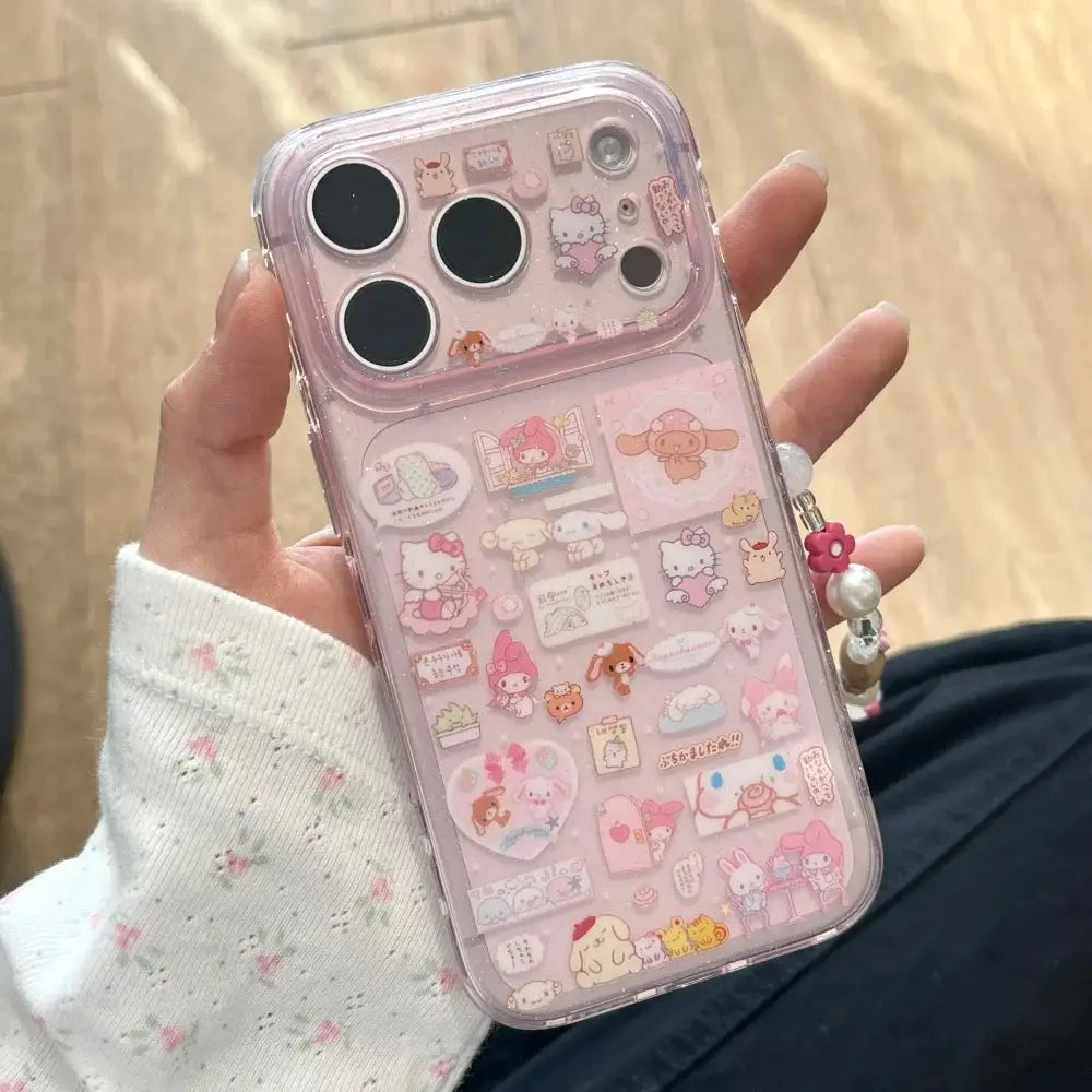 Hello Kitty Melody pink phone case with sticker collage for iPhone Pro Max, includes pendant bracelet