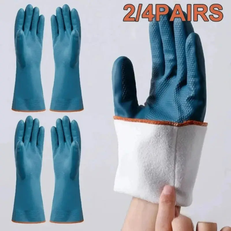 Simples Market blue waterproof gloves with thick fleece lining, 4 gloves (2 pairs) for kitchen and bathroom