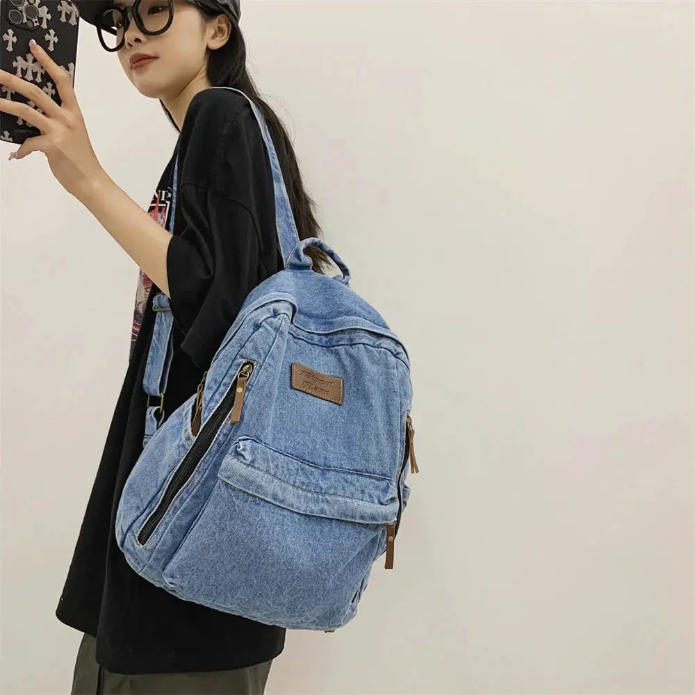 Denim backpack Simples Market, light-blue multi-pocket school bag with large capacity
