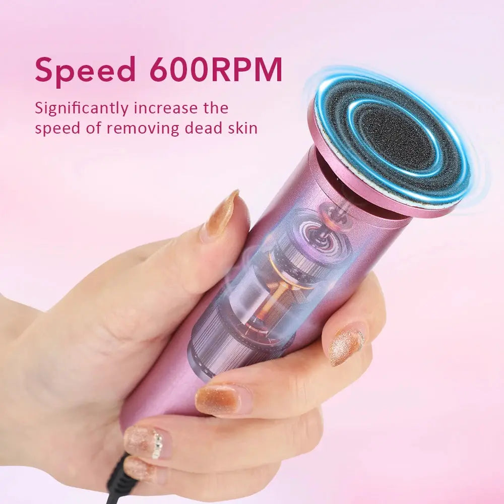 Electric foot callus remover in pink with a blue spinning head and clear chamber