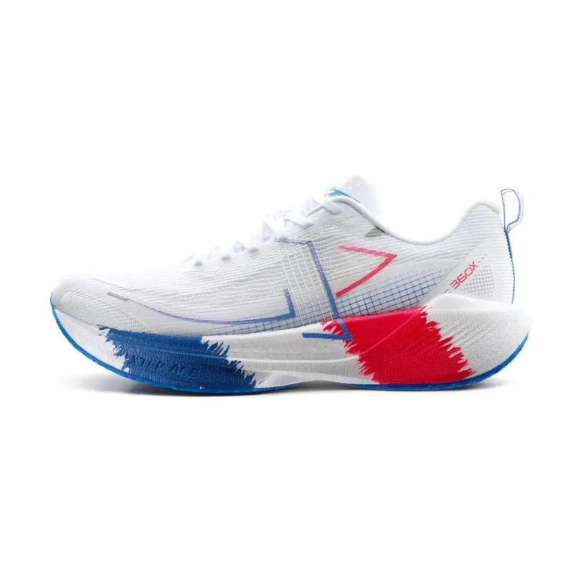 Xtep 360X men's running shoe with carbon plate, white upper, blue and red accents, lightweight ETPU.