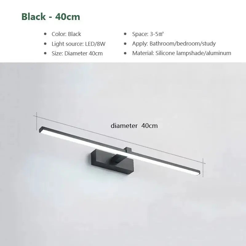 Simples Market black LED wall lamp, 40cm long, modern flat bar design for bathroom or makeup area.