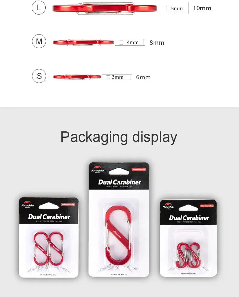 Naturehike dual carabiner red aluminum keychain packs on packaging display, set of three