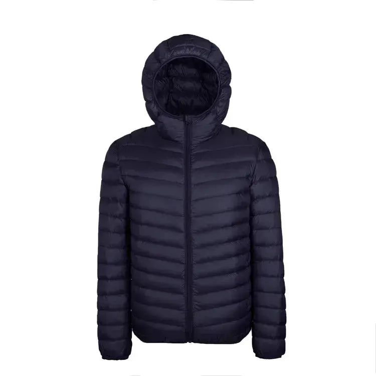 Men's navy blue hooded down jacket with horizontal quilting; lightweight puffer coat.