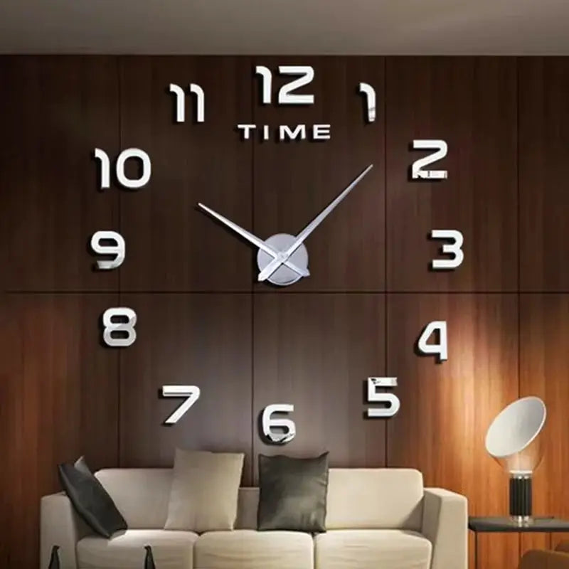 Large modern wall clock with 3D white acrylic numerals and silver hands on a dark wood panel backdrop