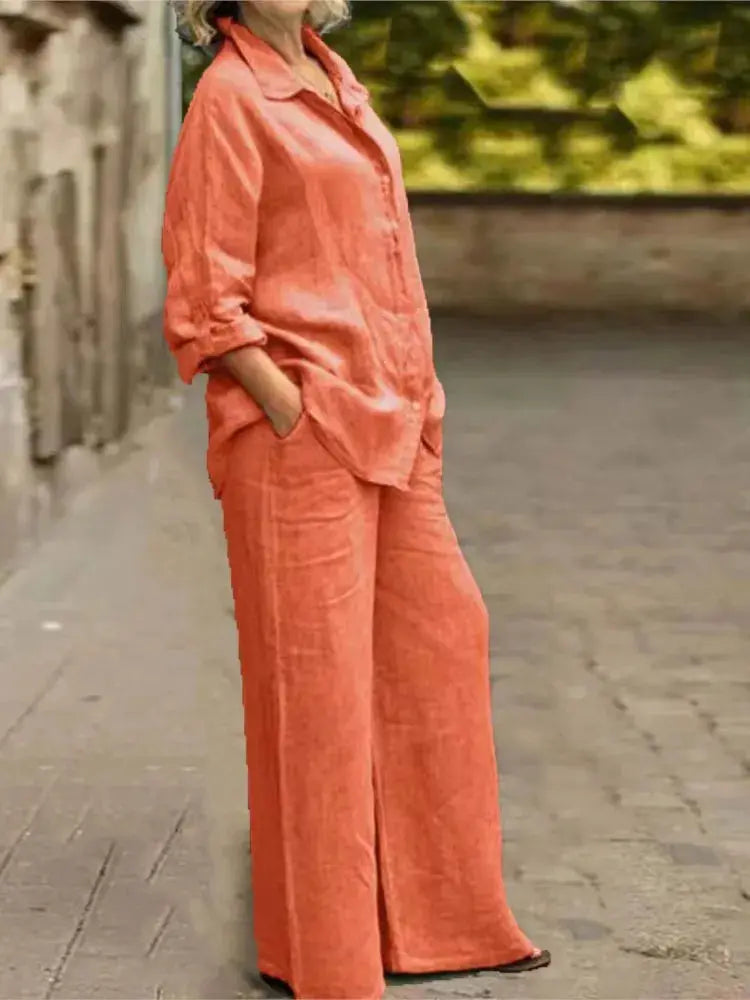 Cotton Linen Shirt Two Piece Set For Women With Wide Leg Trousers