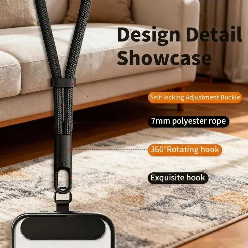 Mobile phone adjustable lanyard with black 7mm polyester rope, self-locking buckle and 360° rotating hook