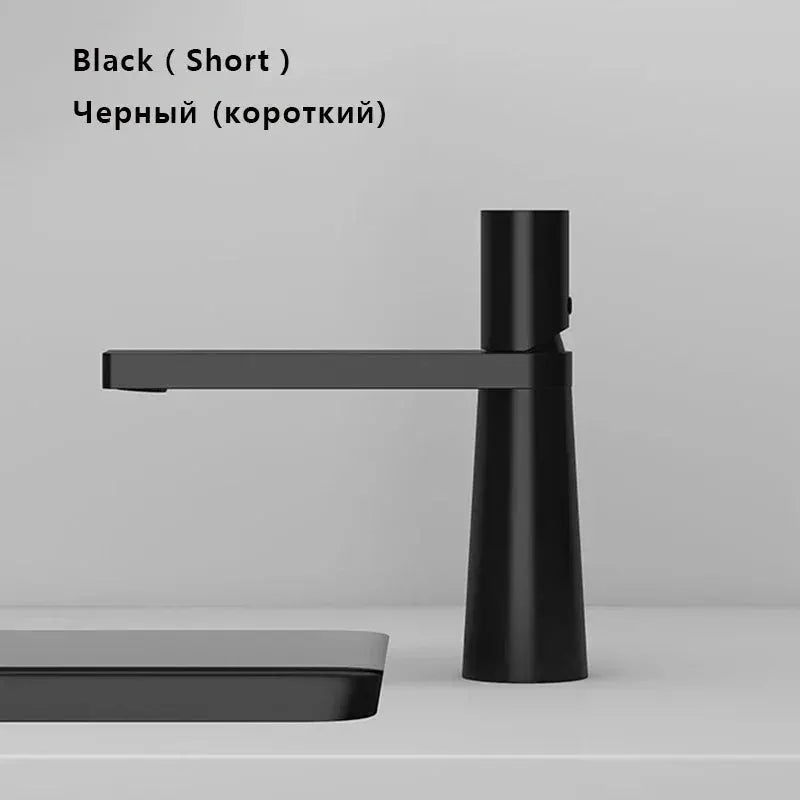 Black basin faucet with single-handle, long flat spout and tall cylindrical base
