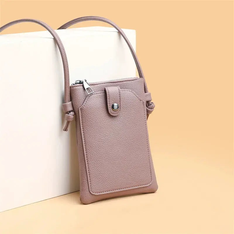 PU leather diagonal crossbody phone wallet bag in dusty pink with double-layer buckle and front snap pocket