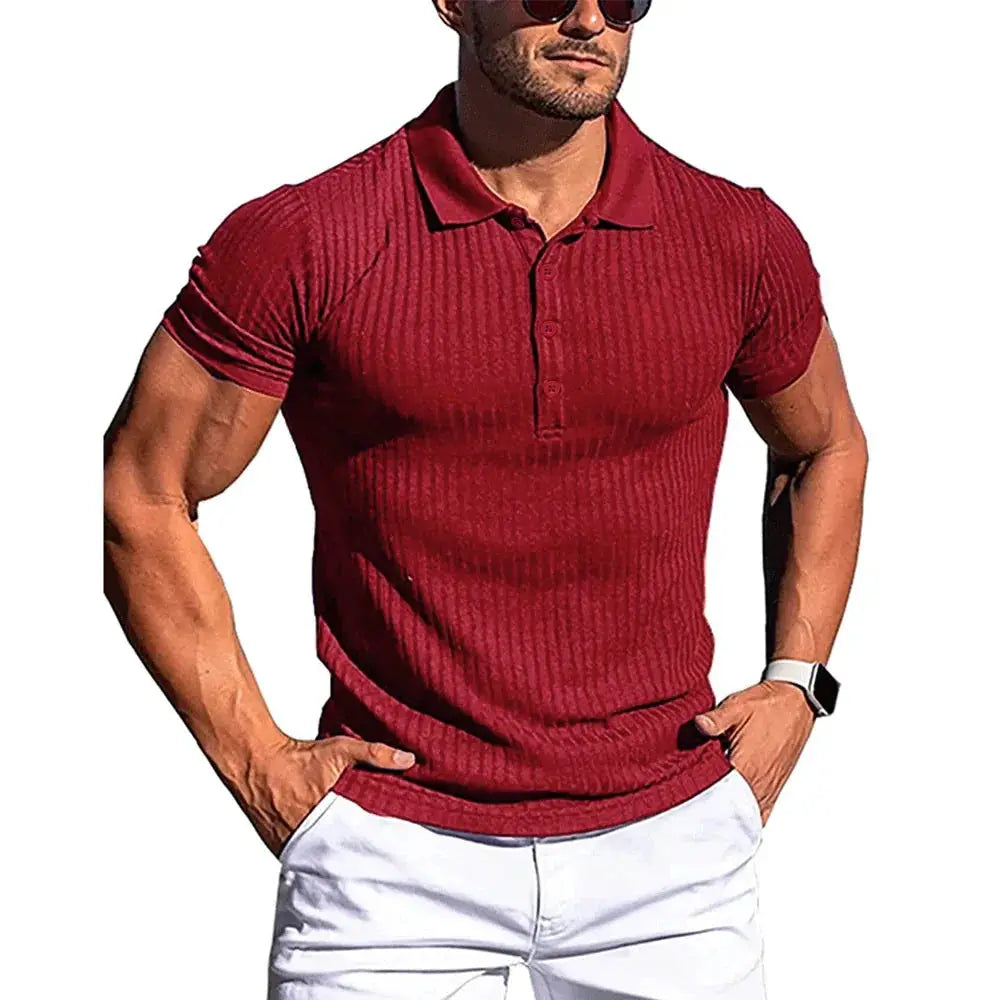 Men's burgundy ribbed polo shirt with stand collar, short sleeves, elastic fit