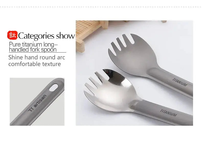 Tiartisan titanium long-handle spork and spoon, 2-piece ultralight camping cutlery