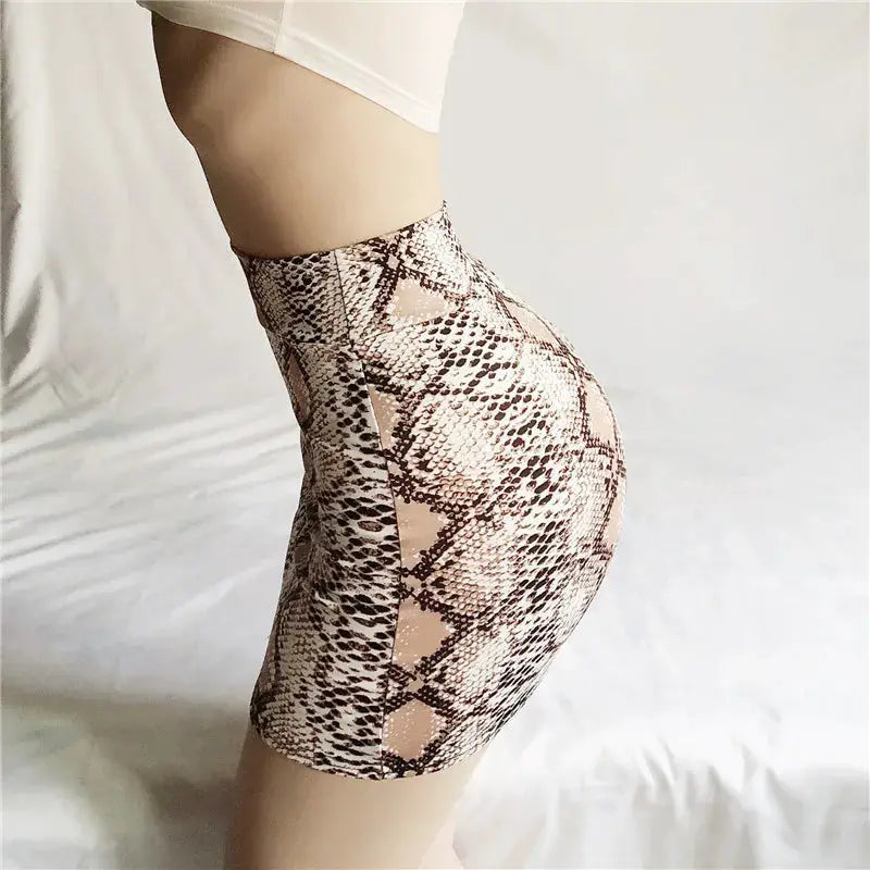 Snake print micro mini skirt for women, beige-brown, form-fitting hip-hugging bodycon style