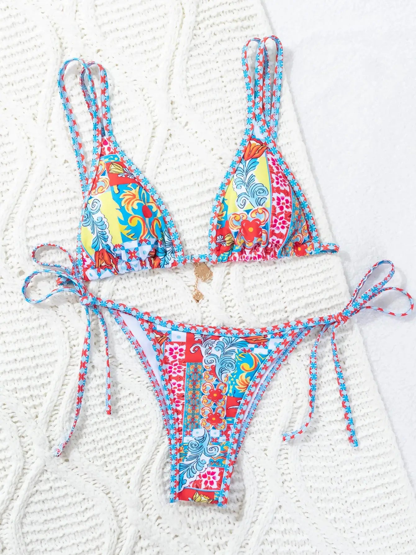 Floral triangle bikini set with push-up top and Brazilian bottoms by Simples Market in bright multicolor print