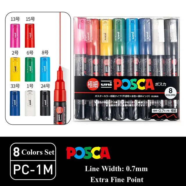 Uni POSCA paint marker set, 8-color PC-1M/PC-3M/PC-5M with vinyl pen case; water-based pigment ink.