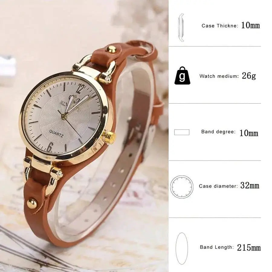 Women's leather-strap quartz watch by Simples Market with gold-tone case and silver dial