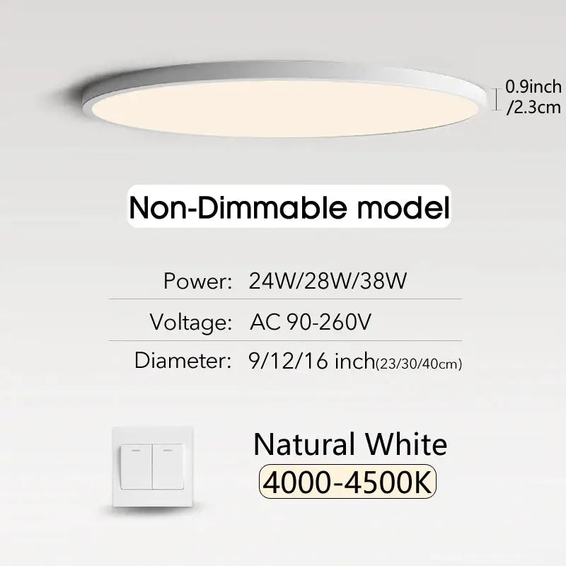 Simples Market MARPOU ultra-thin LED ceiling light, non-dimmable, 24/28/38W, natural white 4000–4500K, 9–16 inch.