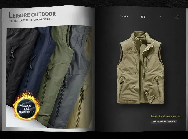 Men's heated outdoor gilet vest by Simples Market in beige with zip pockets, shown with five jackets